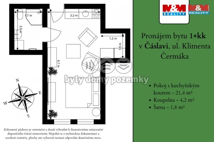 Pronájem, Byt 1+kk, Čáslav