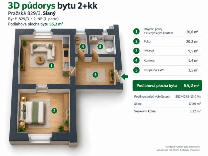 Prodej, Byt 2+kk, Slaný
