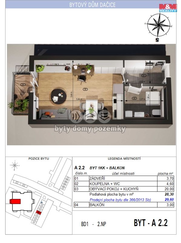 Prodej, Byt 1+kk, Dačice