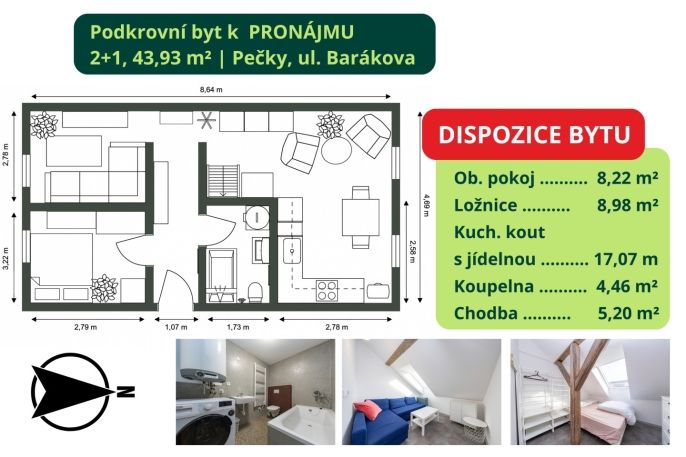 Pronájem, Byt 2+1, Pečky