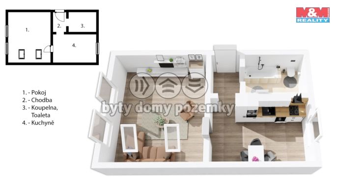 Pronájem, Byt 1+1, Úpice