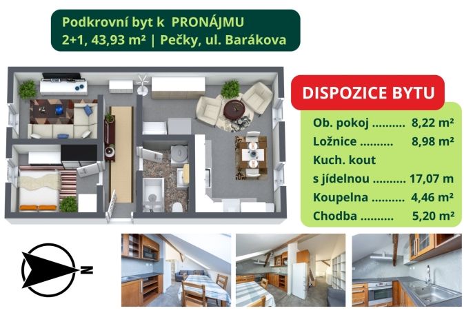 Pronájem, Byt 2+1, Pečky