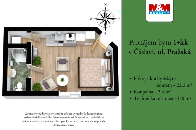 Pronájem, Byt 1+kk, Čáslav