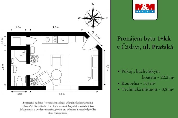 Pronájem, Byt 1+kk, Čáslav