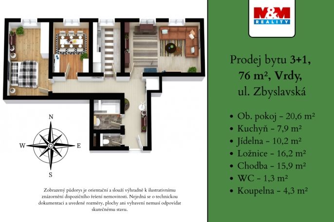 Prodej, Byt 3+1, Vrdy