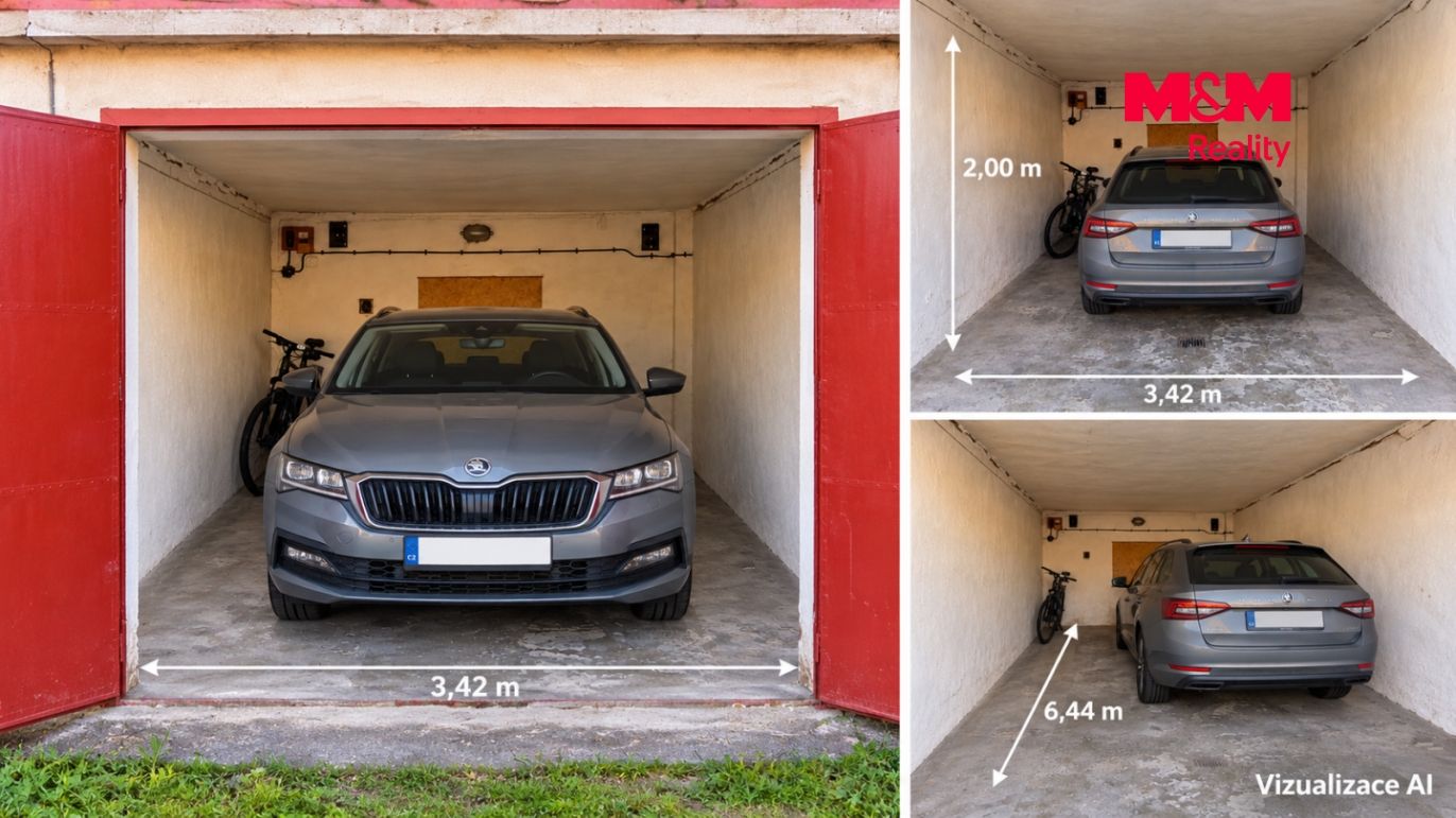 Fotomontáž garáže s rozměry a vozem Škoda.png