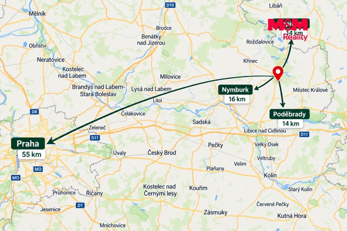 Mapa s trasami k okolním městům