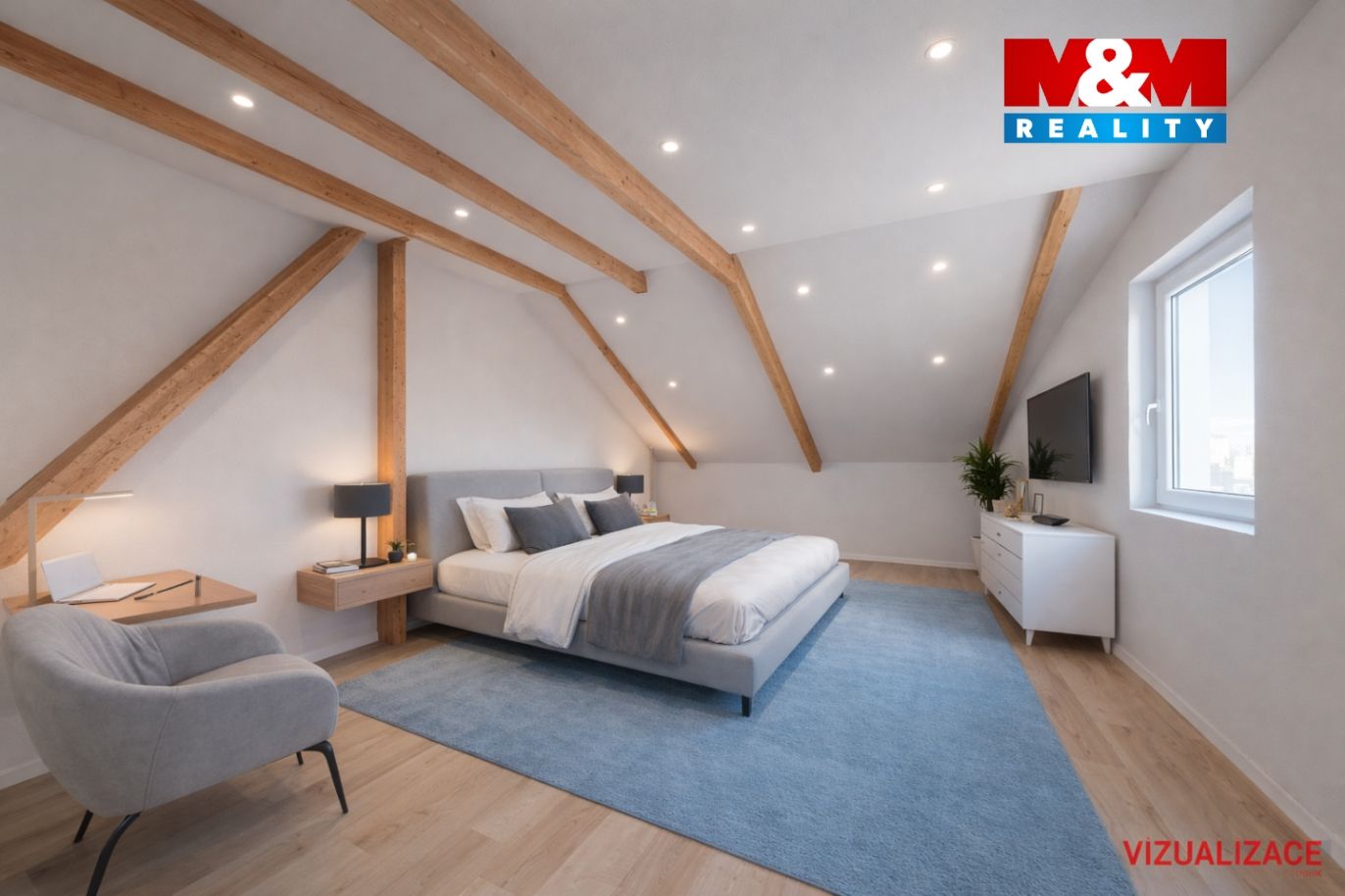 Modern attic bedroom with wooden beams.png